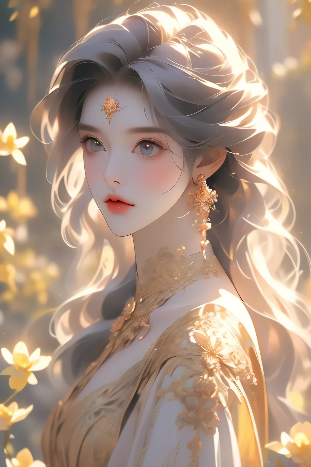 beautiful young girl, (1girl:1.4), elegant and graceful, delicate facial features, big bright eyes, long eyelashes, pointed nose, rosy red lips, long silky hair cascading down her shoulders, wearing an ornate, intricate (flowery dress:1.2), in a serene (lush garden:1.2) setting, surrounded by (blooming flowers:1.2), bathed in warm (golden hour lighting:1.3), (highly detailed, masterpiece, best quality, 4k, hyperrealistic, photorealistic:1.6), digital painting, concept art style ((good composition)) ((not center))