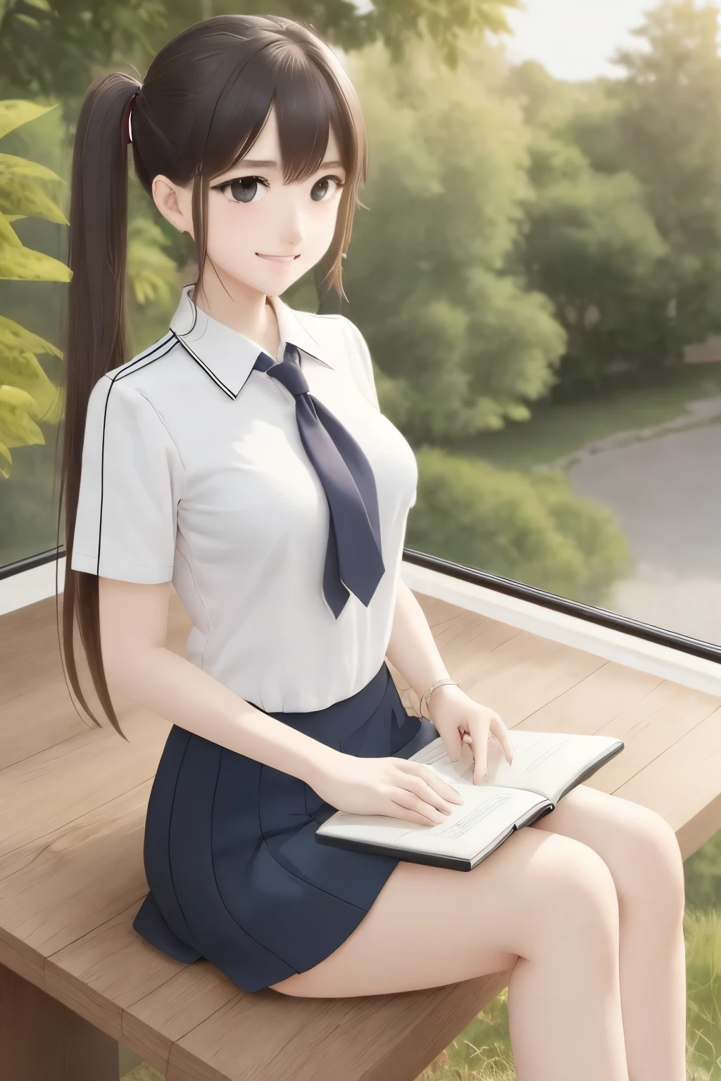 (extremely detailed CG unity 8k wallpaper,masterpiece, best quality, ultra-detailed),school classroom setting,sunlight filtering through trees,beautiful blonde high school girl with twintails and ahoge(D-cup),smartphone in hand,fidgeting with it,beautiful black-haired high school girl,thin and flat-chested, wearing sailor uniform,sitting on chair and having conversation with blonde girl who is sitting on desk,in the evening.