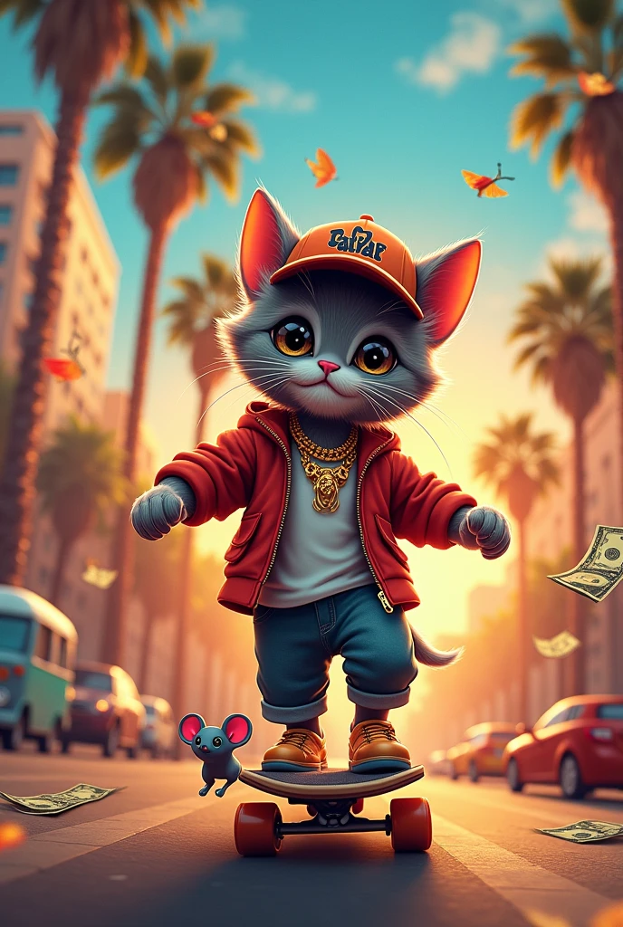 cat,Grey,Basecap Skateboard urban golden jewelry palm trees Sunset Dollar notes sunglasses,mouse