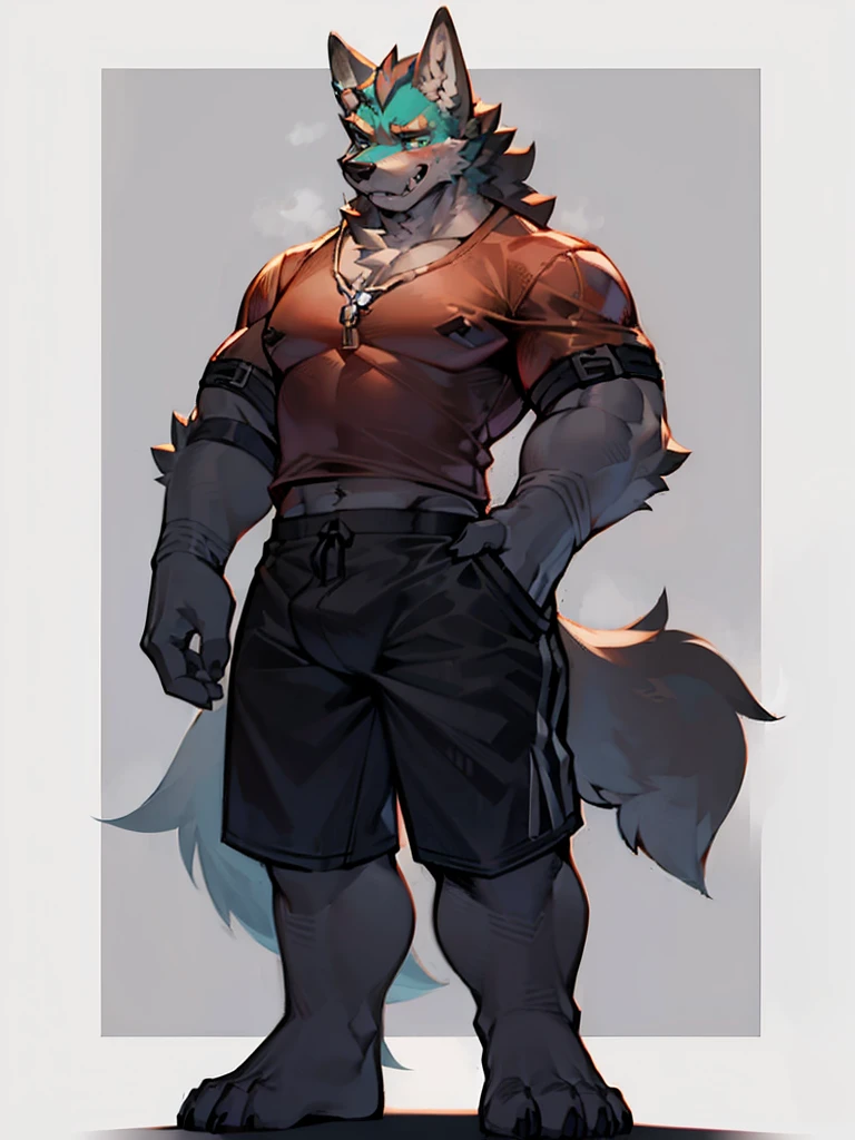 gray wolf orc,Very strong,Full body picture,front,Wear tight shorts,Private part thick,Standing,Hands in front。