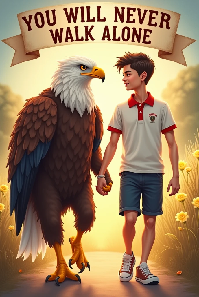 Banner that says "You will never walk alone" and next to it an image of a humanoid eagle walking hand in hand with a college student wearing a white polo shirt with a red collar and navy blue shorts 