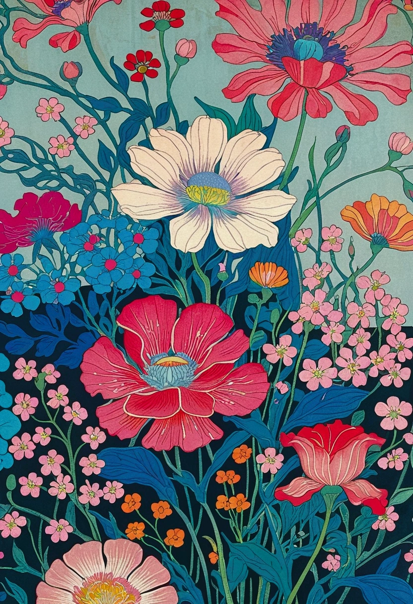 Drawing of a bouquet of flowers with blue stems and pink flowers, Dongluyu, Hiroyuki, maximalist Art Nouveau, colorful Art Nouveau, Aoyama Tokio, Inspired by Yoshio Markino, Cover Art, Takashi Murakami&#39;s artistic style, ( Art Nouveau ), (Art Nouveau), Floral Pop Art, Gorgeous wallpaper