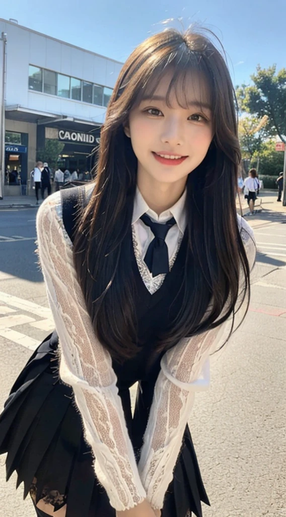 (1 Korean star with royal sister style), ((Best quality, 8K, Masterpiece: 1.3)), focal point: 1.2, Perfect body proportions: 1.4, (Make a smile),  Watery eyes, Highly Detailed Face and Skin Textur, Fine eyes, Double eyelids, Whitens the skin, (long whitr hair, By bangs: 1.3), (face round: 1.5), (JK school uniform: 1.4), (Lace view: 1.6),(black lence stockings: 1.4),(JK style:1.4),(Daylight dusk:1.3),(A bustling city:1.3)