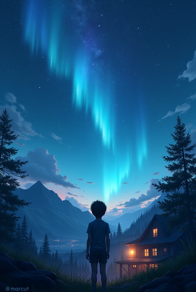 A boy looking up to the sky from the earth during the night and the sky has bright stars, neutron stars, the sun, with visible auroras and there is a mountain in the far distance on earth and there is a completely shadowed house except for light in rooms. In front of the boy there are capcut and after effect logos