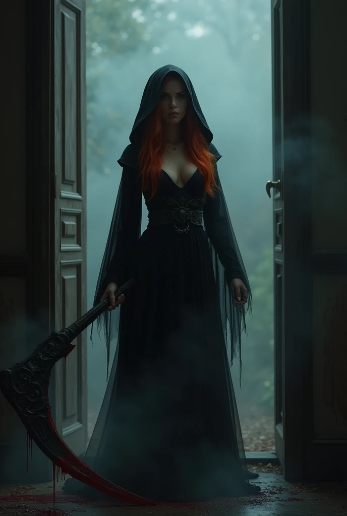 (full body shot:1) photorealistic image of a (standing pose:1) ultrarealistic, photography, long red hair, woman, 24 years old, hourglass figure, perfect body, seductive look, natural medium breasts, blur background, female grim reaper cosplay, cleavage, wearing a dark hooded cloak and wielding a scythe, she is standing in the doorway with darkness behind her and a thick mist surrounding her, blood is on the scythe, full body shot, full body, full body picture