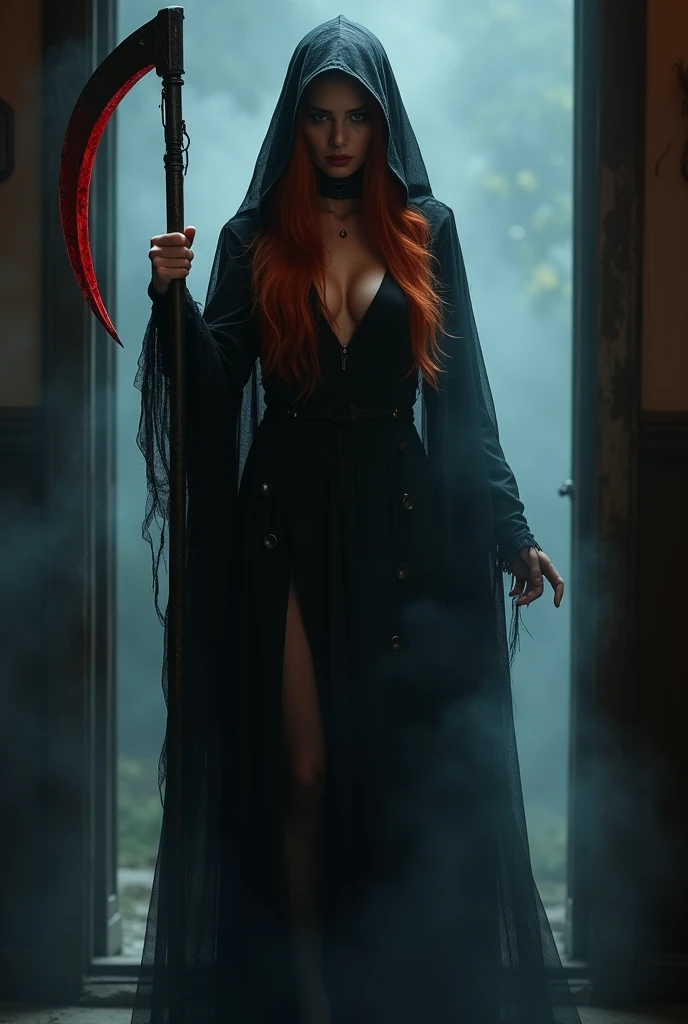 (full body shot:1) photorealistic image of a (standing pose:1) ultrarealistic, photography, long red hair, woman, 24 years old, hourglass figure, perfect body, seductive look, natural medium breasts, blur background, female grim reaper cosplay, cleavage, wearing a dark hooded cloak and wielding a scythe, she is standing in the doorway with darkness behind her and a thick mist surrounding her, blood is on the scythe, full body shot, full body, full body picture