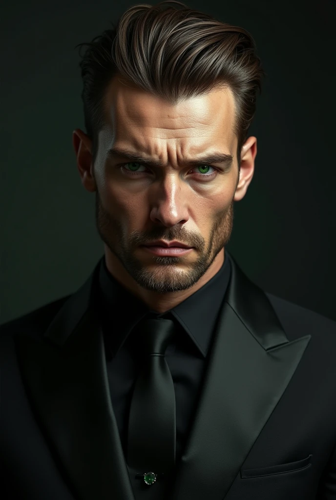 Alex volkov from twisted love, 25 year old, Russian man, green jade eyes, brown slick hairs, sharp features with sharp jawline, roman nose, stubble beard, a frown on his face, serious, handsome, 6'4, lean and we'll built, wearing an expensive nine piece suit, hot, masculine, sharp seductive eyes