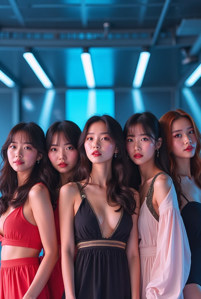 Create a kpop group with four Korean girls, two thai, a Chinese and a Brazilian (The Brazilian woman is brown and looks like a fox 🦊)