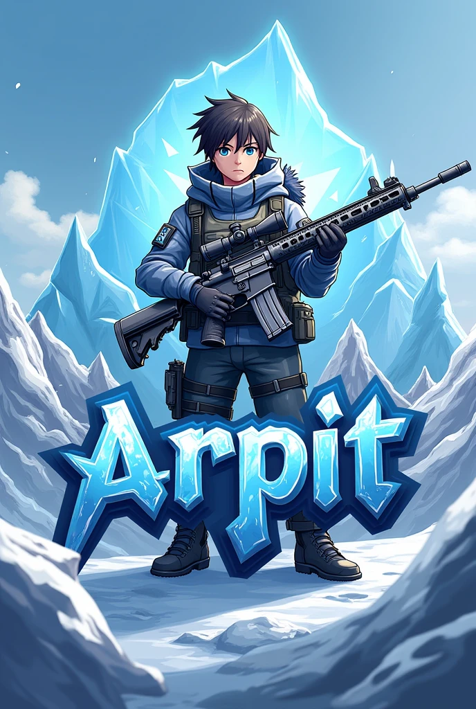 Make a gaming logo with the name of arpit behind name a anime gaming taken a mp g glacier gun of pubg with x suit falco of pubg boy 