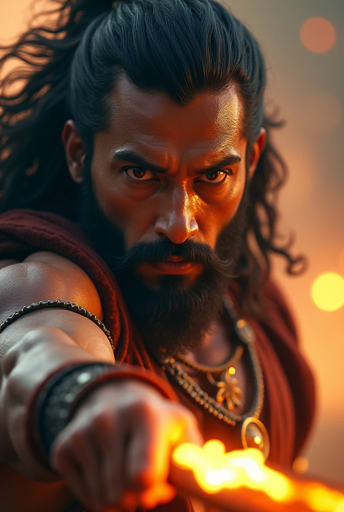 a powerful huge body, huge arms, muscular man, Arjuna, day light, ((throwing weapon towards the viewer, burning trushul, very charming face,)), closeup shot, extremely detailed skin and well detailed eyes (best quality,4k,8k,highres,masterpiece:1.2),ultra-detailed,(realistic,photorealistic,photo-realistic:1.37),dramatic lighting,cinematic composition,intricate details,vibrant colors,mystical atmosphere, fire and foggy blurry environment , dynamic action