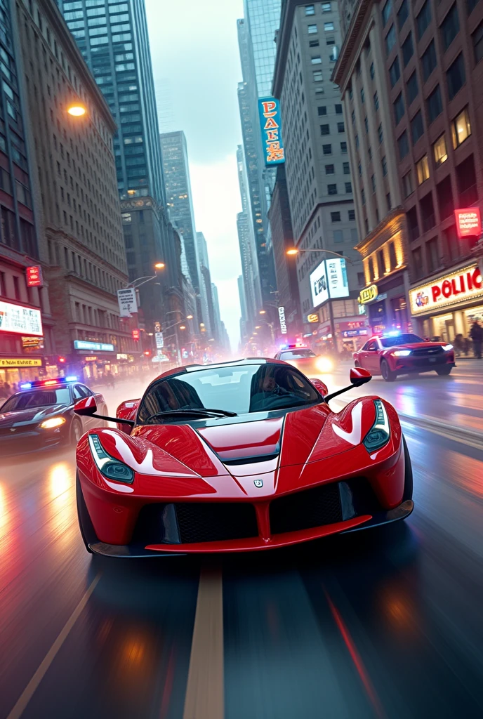 a sports car running away from the police in the middle of the city, cinema 4k
