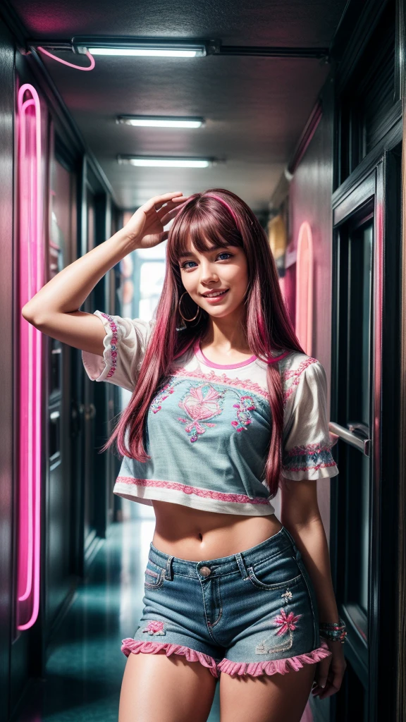 (Ultra-detailed eyes), (((textile shading))), (((Best Quality))), (((masterpiece))), (((Ultra realistic))), fat, sassy girl, maroon long hair with bangs, maroon long hair with bangs, maroon long hair with bangs, cute retro hairstyle, ((gorgeous hair)), smile, smile, smile(((retro style, look cute and chic. sheer check embroidered blue pink T-shirt, neon shorts))), ((striking a pose)), (((realistic))) (gorgeous, sassy, it girl), fancy jewelry, disco party, futuristic hallway, The scene is full of energy and movement, , natural light, cute vibe, party background, strong atmosphere,, cowboy shot, midshot, centered image, eye on camera, front look
