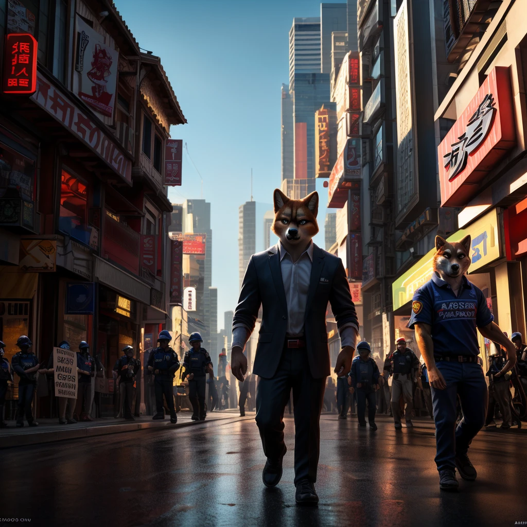 realistic detailedshiba inu dog, angry japanese businessman protesters,striking workers with picket signs, young shiba inu dog in urban city scene,chiaroscuro lighting,(best quality,8k,detailed,photorealistic:1.5), cinematic composition, dramatic lighting, highly detailed,vibrant colors