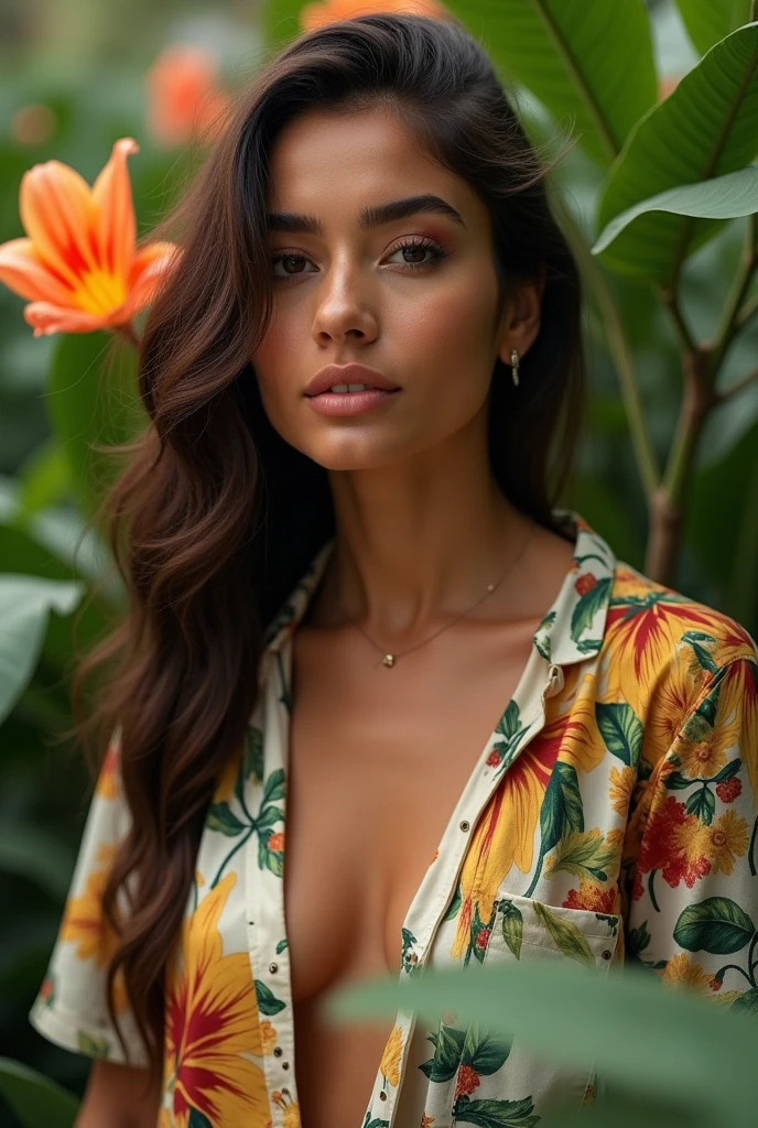 A Brazilian woman in a lush tropical garden, wearing an  with a floral print, with a close-up capturing the harmonious beauty between her  and the natural flowers, showing off your natural charm and outgoing personality.