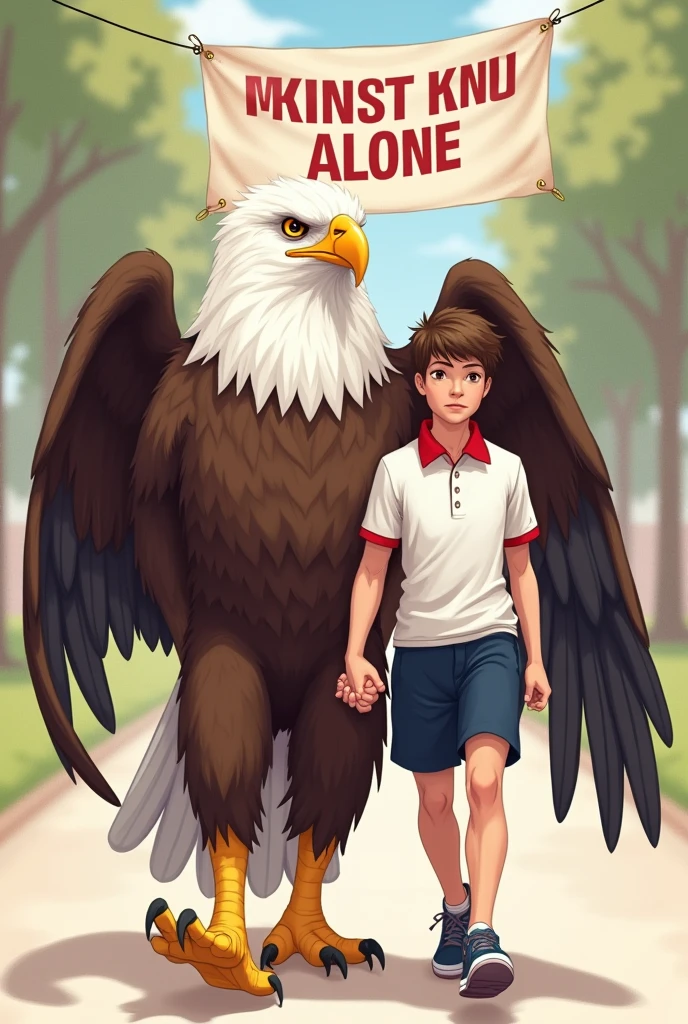 Banner that says "You will never walk alone" and next to it an image of a humanoid eagle walking hand in hand with a college student wearing a white polo shirt with a red collar and navy blue shorts