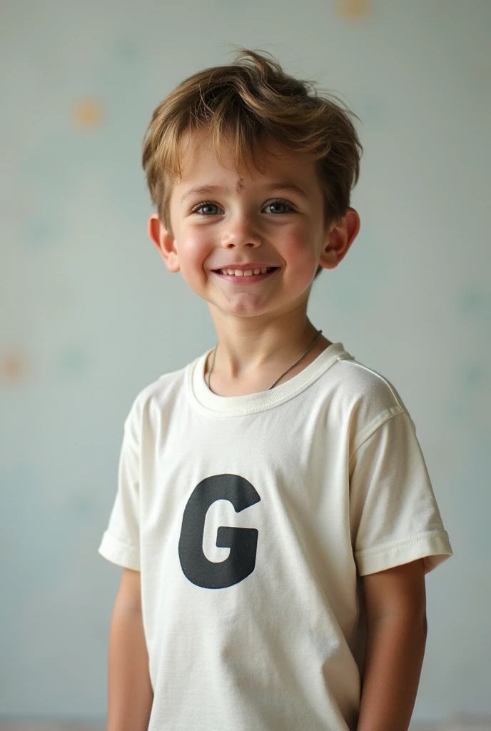 A boy standing near alphabet G and he wear a t shirt with S alphabet.