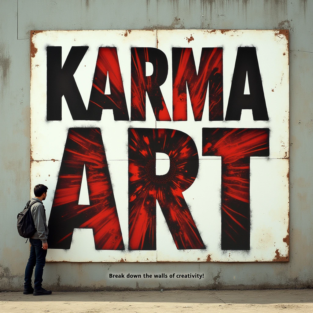 A poster on a deserted exterior wall, Cut into the shape of letters, (text:"karma art") The word, Big Bold, Draw inside the cutout, BREAK Art that inspires creators to create images, An aesthetic world that unfolds behind the characters, Add text to the bottom of the screen, (text:"Break down the walls of creativity!"), a young man standing beside it.