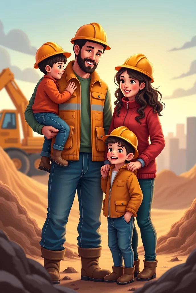 family illustration, Husband who works in mining with his 6-year-old daughter, his 3-year-old son and his wife, the four embraced and loved