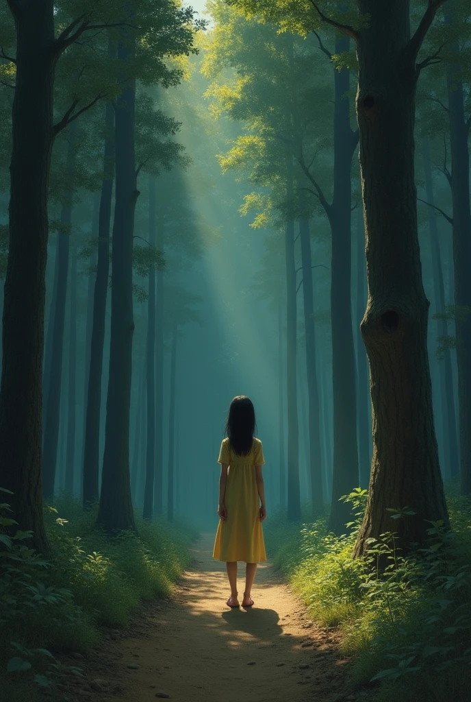 Beautiful girl standing in the dark forest, Epic Style, Octane Rendering, Desert ingredients, Pretty Face, Surrealism, Oil on canvas, The award-winning, masterpiece, Popular on artstation, Studio Ghibli