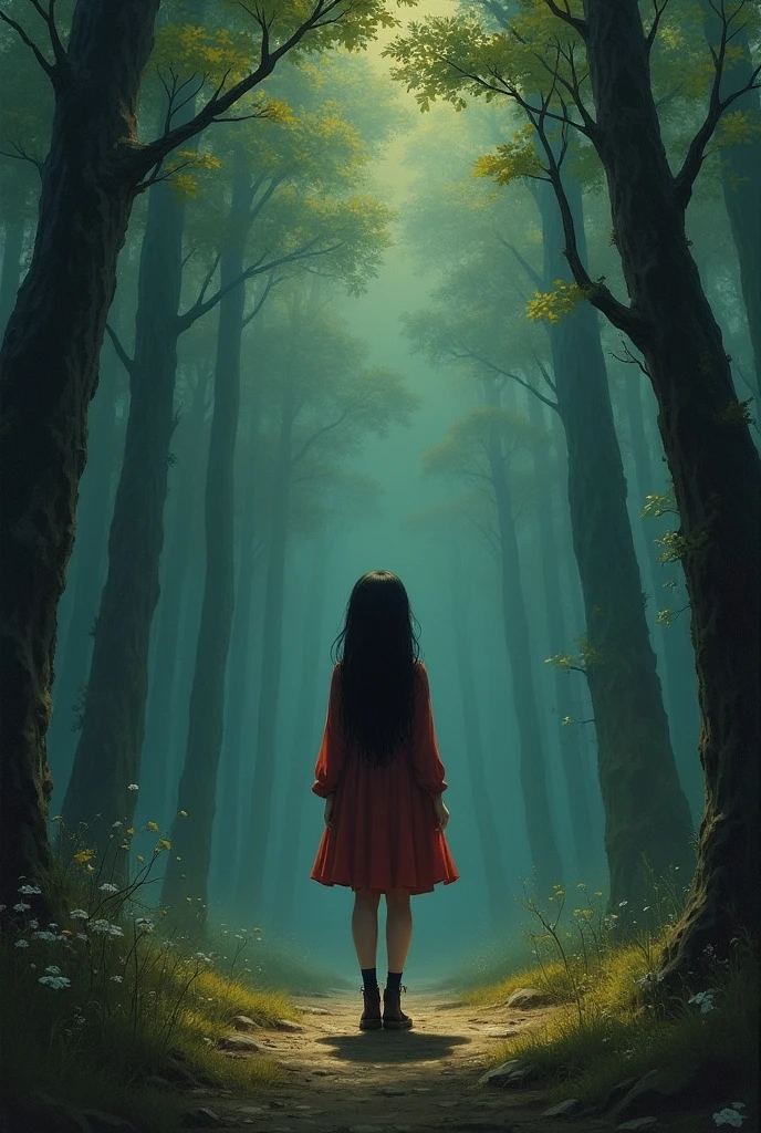 Beautiful girl standing in the dark forest, Epic Style, Octane Rendering, Desert ingredients, Pretty Face, Surrealism, Oil on canvas, The award-winning, masterpiece, Popular on artstation, Studio Ghibli