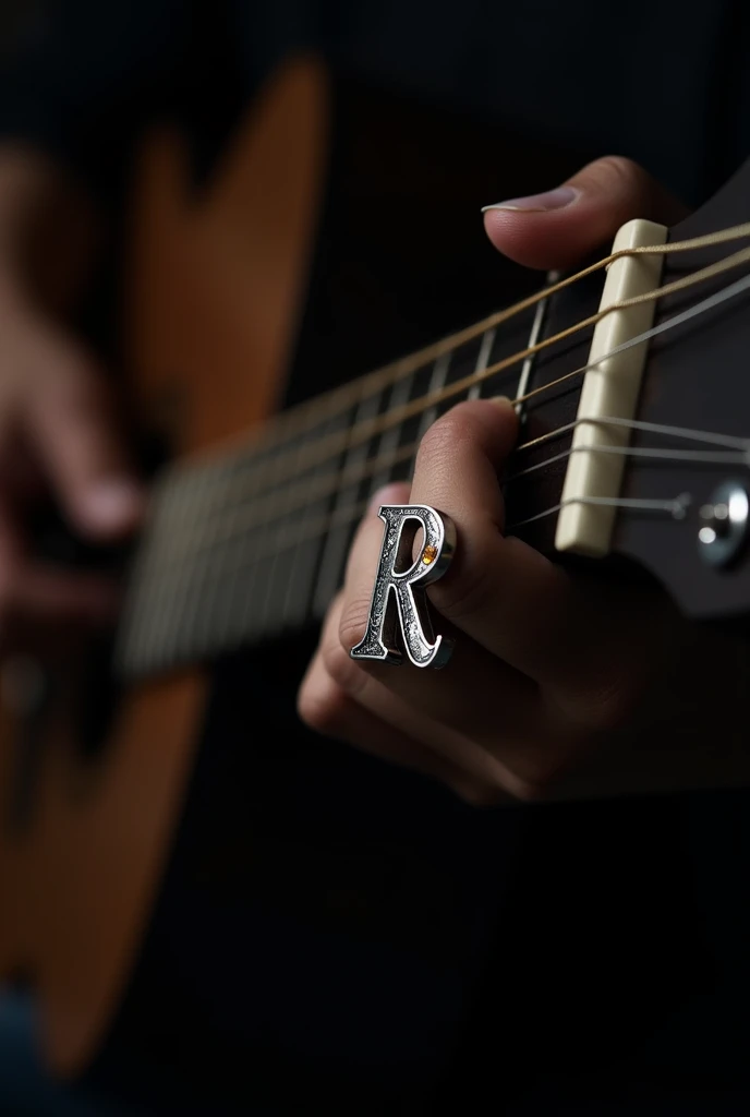 "A dark-themed image focusing on a close-up of a hand playing a bar chord on a guitar. Only the hand and the fretboard are visible, with the rest of the image shrouded in shadow. The hand, illuminated subtly, wears a silver ring on the  midle finger. The ring is intricately designed, featuring a capital letter 'R' with a same size orange gemstone embedded at the end of the letter. Ring  top is not round . Hand is young  boys brown colur hand. Meke to wthsapp dp size. Ring is smle