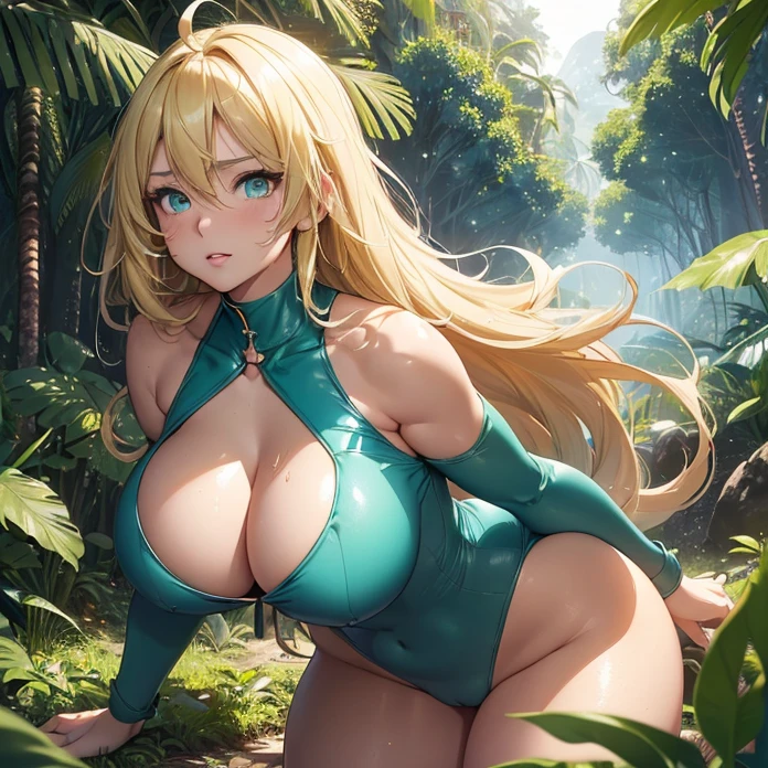 High Resolution, Masterpiece, HD, High Quality, Best Quality, Anatomically Correct, Minimalism, Digital Art, Soft Lighting, Anime Style, Glowing Light, Cowboy Shot
{{46 years old adult woman milf warrior: ((absolute feminity and physical beauty, beautiful Aqua Eyes, thin lips, open Mouth, Light Smile, golden Blonde Long Hair, blonde Ahoge, huge breasts, big round butt, voluptuous feminine body, beautiful arms, beautiful hips, tall body), (blue Forehead jewel, pink heart shaped Hair Clip, darkblue leotard, dark blue jacket, green wristbands, green long boots), (lay fallen on the ground, defeated after a fight, recovering after a fight, sweating, breathing in pain), (tropical village, tropical jungle, green rainforest, steel-made rounded village houses, sunny morning, large jungle trees around))}}