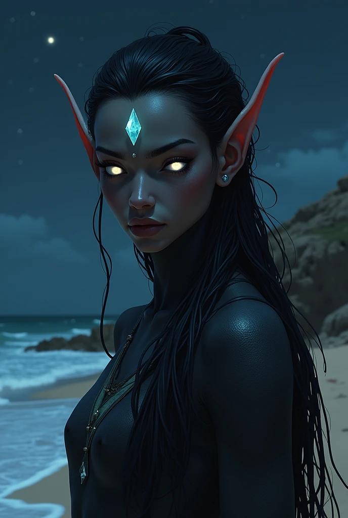 drawning, a human-looking elf with black skin and white eyes, noseless, wearing a crystal on the forehead, on a beach at night
