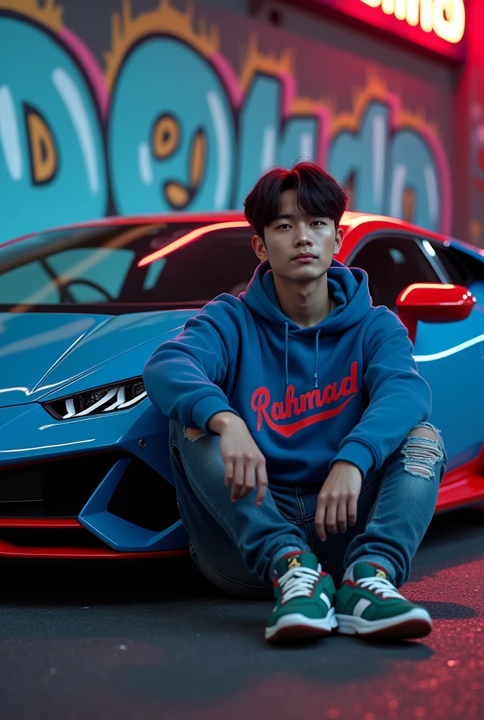 (photorealism:1.2),a 25 year old Indonesian man, Korean Hairstyles , ripped jeans, nike jordan shoes, wearing a blue hoodie that says "Rahmad", graffiti text, clear. sitting pose, holding a cigarette next to a blue and red Lamborghini sports car, city night background. Real details, hyper realistic, UHD, Photography