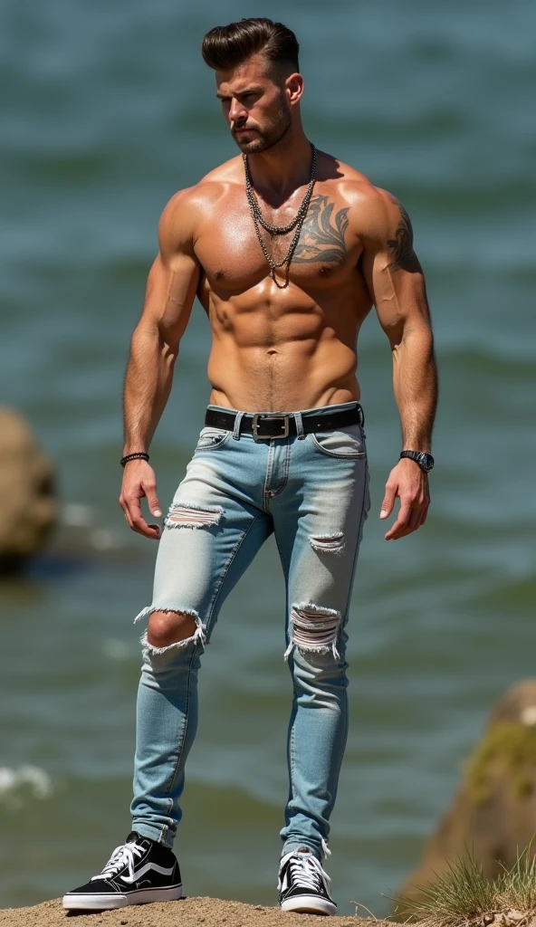 Fullbody standing picture of white skin Handsome muscular horny nude gay wearing light blue skinny ripped jean tights, shiny black Disconnected Pompadour oiled hair style, blue eyes, shiny white varnished vinyl vans, red lip, chain, tattoos, horny, cum shot, sperm, milking penis, big penis, very big testicle, shiny oiled skin, orgasm, oversexed, standing outdoor.