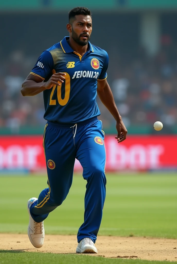 Make a relestic image of a men cricketer wearing a sri lankan jersey , jersey number 20 , showing the name at the back of the t shirt while bowling ,
jersey name senuka