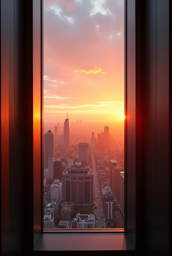 Photograph of a building window, on a very high floor at sunset