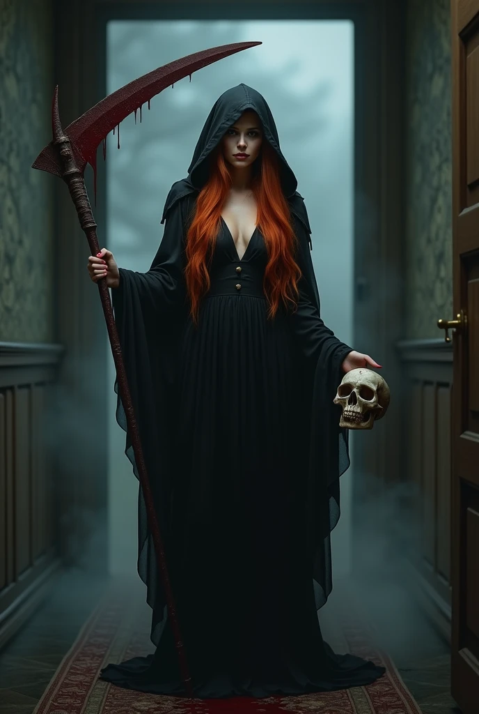 (full body shot:1) photorealistic image of a (standing pose:1) ultrarealistic, photography, long red hair, woman, 24 years old, hourglass figure, perfect body, seductive look, natural medium breasts, blur background, female grim reaper cosplay, cleavage, wearing a dark hooded cloak and wielding a scythe, she is standing in the doorway with darkness behind her and a thick mist surrounding her, blood is on the scythe, she is holding a skull in her other hand, full body shot, full body, full body picture