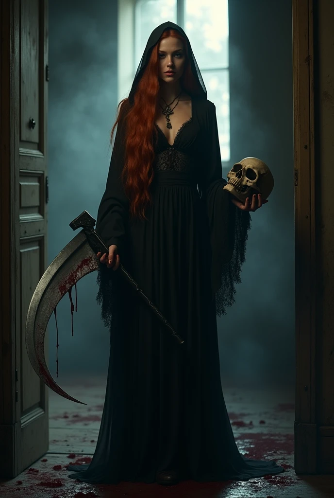 (full body shot:1) photorealistic image of a (standing pose:1) ultrarealistic, photography, long red hair, woman, 24 years old, hourglass figure, perfect body, seductive look, natural medium breasts, blur background, female grim reaper cosplay, cleavage, wearing a dark hooded cloak and wielding a scythe, she is standing in the doorway with darkness behind her and a thick mist surrounding her, blood is on the scythe, she is holding a skull in her other hand, full body shot, full body, full body picture
