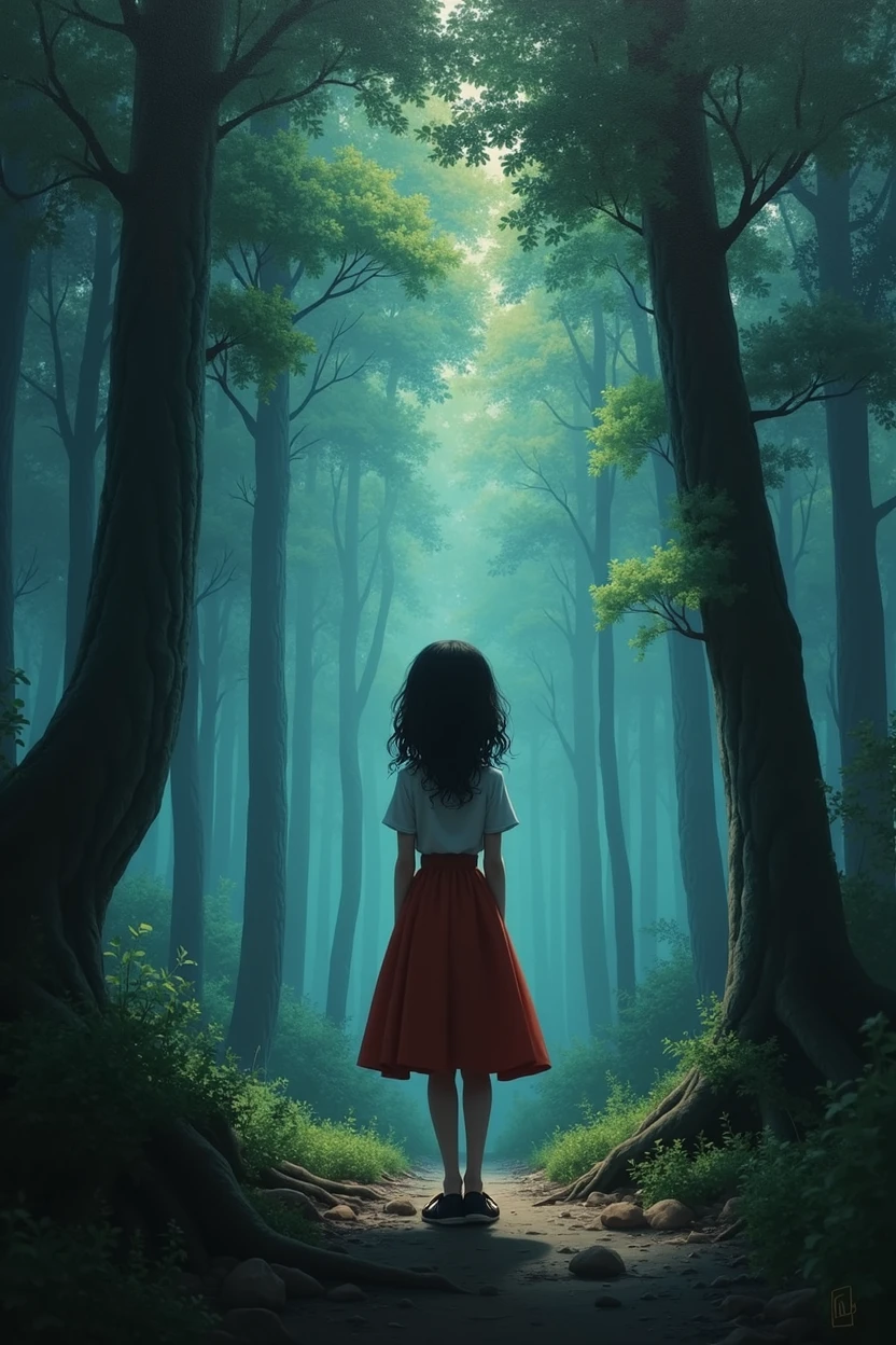 Beautiful girl standing in the dark forest, Epic Style, Octane Rendering, Desert ingredients, Pretty Face, Surrealism, Oil on canvas, The award-winning, masterpiece, Popular on artstation, Studio Ghibli