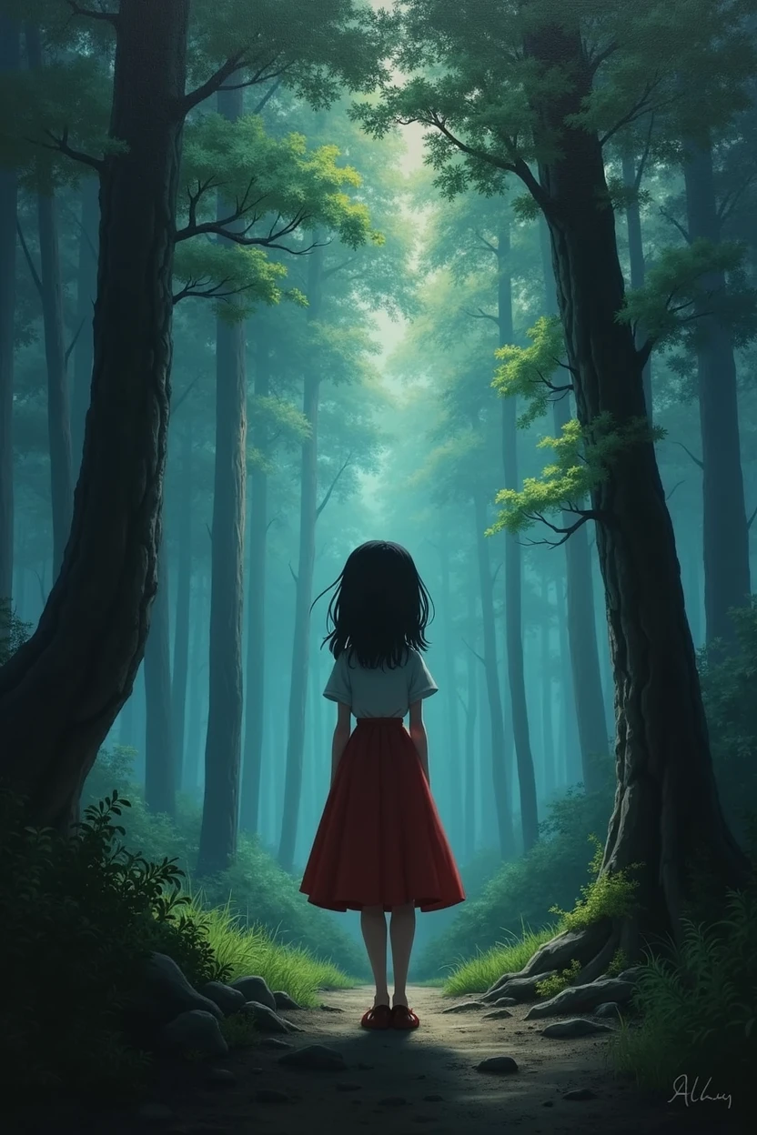 Beautiful girl standing in the dark forest, Epic Style, Octane Rendering, Desert ingredients, Pretty Face, Surrealism, Oil on canvas, The award-winning, masterpiece, Popular on artstation, Studio Ghibli