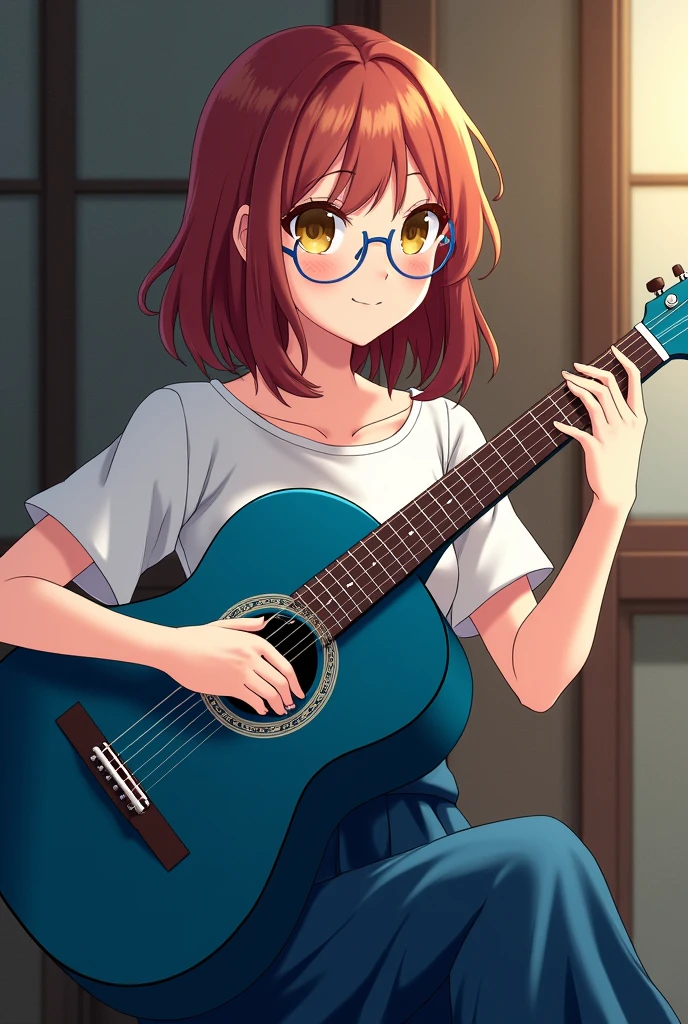Adult Japanese woman playing a deep blue colored acoustic guitar、Hair color is reddish brown、Gentle smile。Eye color: yellow。Hair length is semi-long。Beautiful illustrations, not moe。Mysterious atmosphere。Overall colorful。Try on some round rimless glasses。Dress code: T-shirt and long skirt。