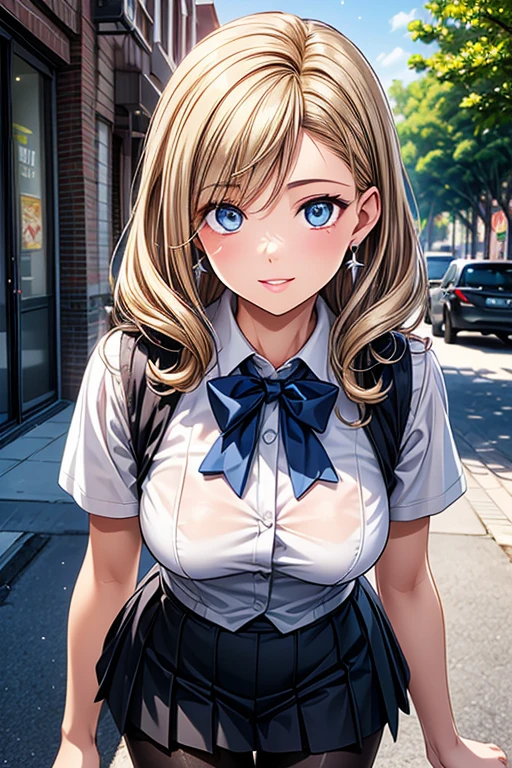 #Basics A girl is posing for a photo, (((One Girl))), (((Baby Face:1.4)) + ((cute:1.4)) + ((15 years old))), 
break 

#Clothing Accessories 
((school uniform)) : ((Blue student blazer)) + ((Blue student vest)) + White dress shirt + ((Blue pleated skirt)) + ((Sheer black pantyhose:1.4)), (Brown loafers), 
(red gem earrings), 
break 

#Features 
((Blonde:1.2)) + ((Bangs that cover one eye + Very long side bangs)) + ((Long Hair : Short Hair + Voluminous Hair + Wavy Hair + Hair curled outside)), 
((Droopy eyes:1.4, Big eyes:1.2), blue eyes), (Small breasts:1.2), (Neutral facial features), 
break 

#background environment 
((noon, Sunlit sidewalk in downtown + street tree)), 
#Facial Expression Pose  
(smile, blush), (Put your finger over your mouth in a cunning way), 
#composition 
(Look into the camera), ((Character Focus), (Angle from the front), (Cowboy Shot)), 
break 

#Body parts elements 
(Slim figure), 
(Symmetrical facial features), 
(Detailed Hair, Beautiful Hair, Shiny Hair), 
(double eyelid, Long eyelashes, Thin eyebrows:0.5, Thin eyebrows:0.5), 
(Expression of fine eyes, Beautiful and delicate eyes, Sparkling eyes, Eye Reflexes, Glitter Eyeliner), 
(Human Ear), 
(Beautiful Nose, Thin Nose), 
(Glossy Lips, Beautiful Lips, Thick lips), 
(Detailed skin, Textured skin, Beautiful Skin, Oily skin), 
break 

#Quality Image Quality Common 
(((Highest quality)), ((masterpiece:1.3)), ((Very detailed))), ((Ultra-high resolution)), ((16K, 1080P)), ((Full HD)), 
(Anatomically correct), (Realistic), (3DCG), (Oil painting), 
((comics, anime)), (CG illustration), (RAW Photos), 
