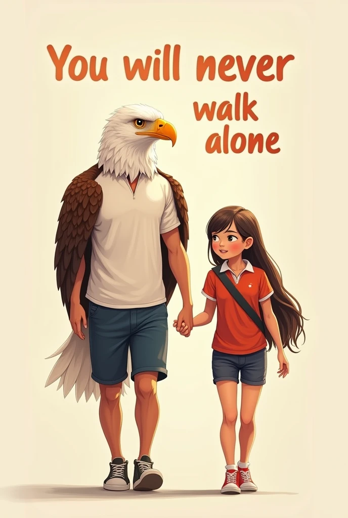 Banner that says "You will never walk alone" and next to it an image of a humanoid eagle walking hand in hand with a college student wearing a white polo shirt with a red round neck and navy blue shorts