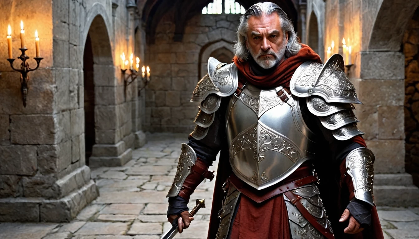 ((masterpiece, The silver armor is intricately decorated and not intended for combat.,Gorgeous filigree armor, Detailed fantasy armor,Has dark orange fur under the shoulder pads)), Inside a stone building, Stone slabs scattered on the floor, A muscular man in armor walking towards the front, dim, Gray Hair, Candles along the walls light up the room., He holds a large, twisted, dark red rapier in his hand., Wearing a dirty cloak, He wears a dirty dark red loincloth under his armor.,There are three small orange gems on the chest., One large white decorated shoulder pad