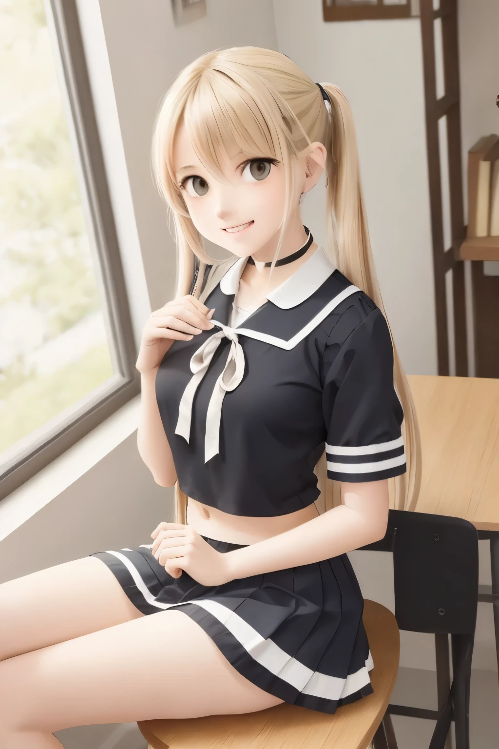 (extremely detailed CG unity 8k wallpaper,masterpiece, best quality, ultra-detailed),school classroom setting,sunlight filtering through trees,beautiful blonde high school girl with twintails and ahoge(D-cup),smartphone in hand,fidgeting with it,beautiful black-haired high school girl,thin and flat-chested, wearing sailor uniform,sitting on chair and having conversation with blonde girl who is sitting on desk,in the evening.