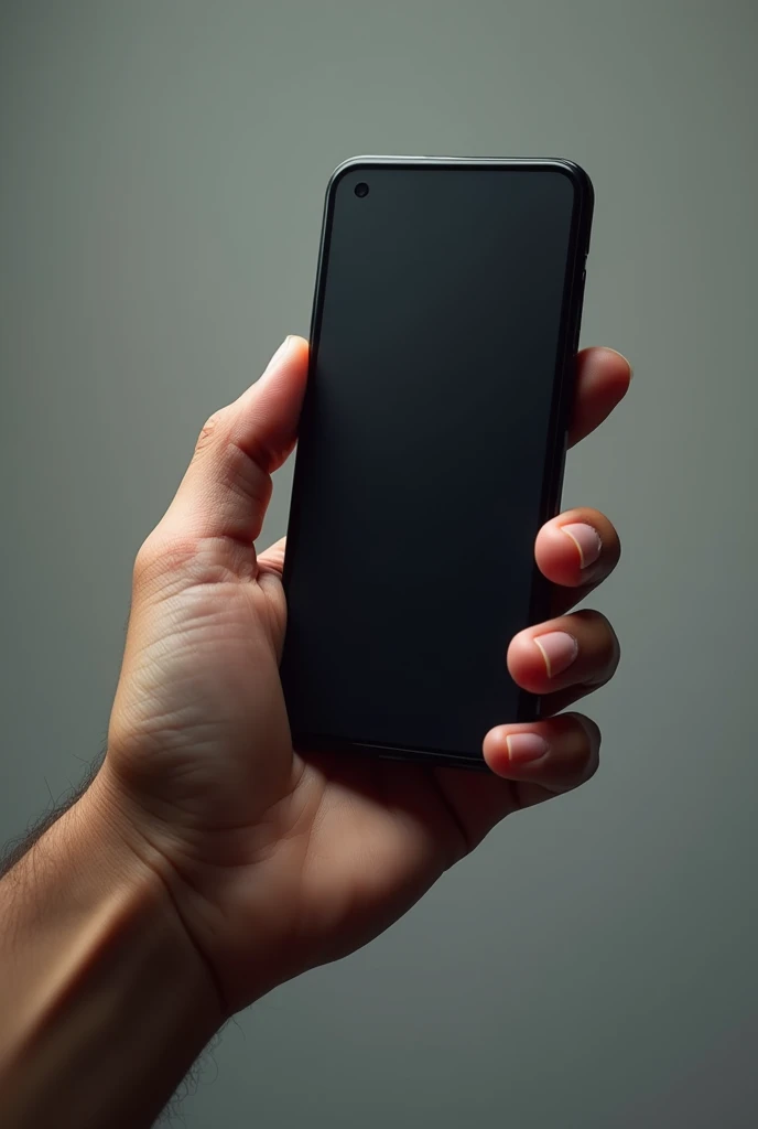 "A realistic human hand, slightly lit, image-centered, holding a modern mobile phone. Fingers are naturally wrapped around the device, that is slim and elegant, with a dull black screen that subtly reflects light. The background is neutral and out of focus, highlighting the hand and the phone. Light creates soft shadows, adding depth and dramatic touch to the scene. The skin of the hand has a natural texture, with visible details such as lines and folds, while the phone suggests connection and technology in a modern world."