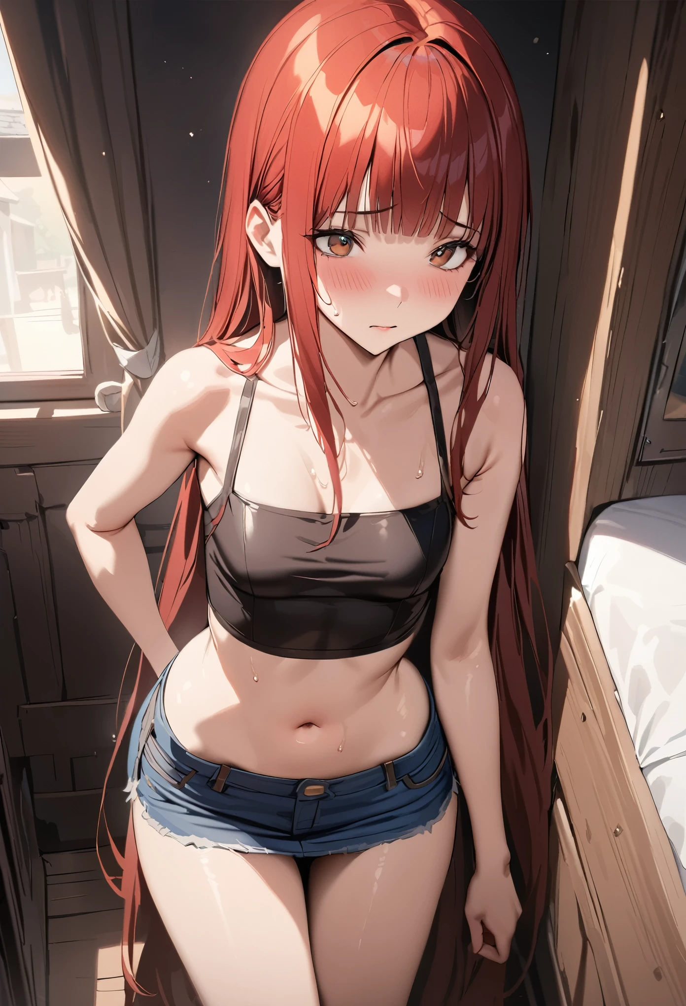 ((masterpiece,best quality anime,Highest quality:1.3)),realistic,cowboy shot,(25 year old beauty), gunslinger ,1woman,独奏,((very small head:1.4)),((very long body:1.3)),red hair,bangs,straight long hair,gorgeous big eyes,brown eyes,shy,((Denim mini skirt))、(Black tube top shirt、Crop top),navel、((slender body:1.3,skinny)),small breasts,gleaming skin,shiny skin,sweat,Simple bedroom、The World of Westerns、