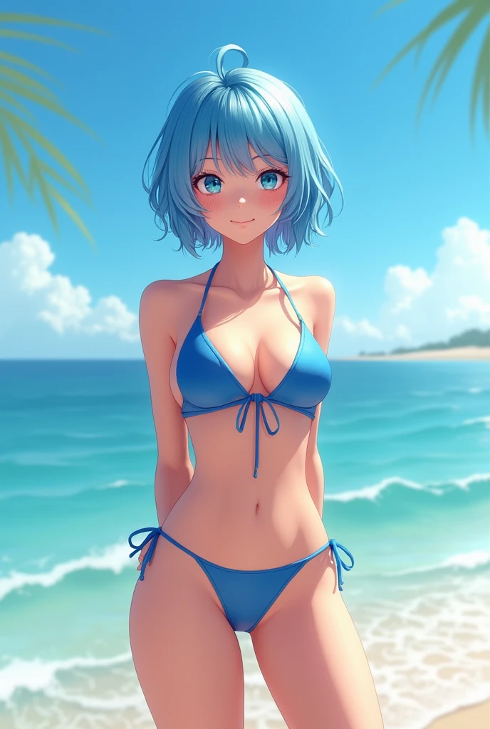 A girl, short blue hairs, blue eyes, bikni
