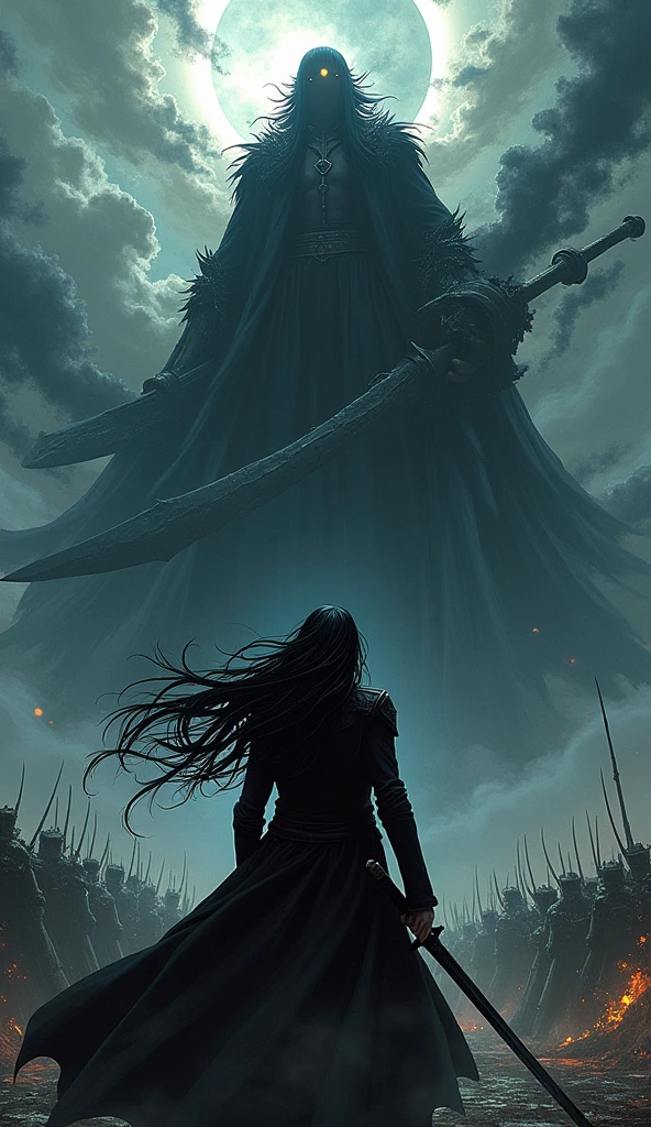 "Yoshitaka Amano's full-body illustration of Voltex, the vampire hunter, unleashing his ultimate technique 'Shadow Eclipse'. Voltex, dressed in his iconic long black coat and aristocratic white shirt, stands tall in the background of a battlefield shrouded in darkness. His long black hair flows wildly as he grips his blackened sword, now engulfed in swirling shadows. In the foreground, the towering figure of 'The Evil God' is depicted, shrouded in darkness with eyes burning with an unholy light. The Evil God wields a staff of pure dark energy and exudes an aura of divine malevolence, commanding legions of dark followers. As Voltex delivers a series of rapid, precise slashes, the final blow unleashes a massive crescent of dark energy that strikes The Evil God, causing him to collapse or fall to his knees. The scene is captured with a focus on the intense contrast between the shrouded battlefield and the devastating power of Voltex's attack, highlighting the epic confrontation with vivid, dynamic imagery, as if captured with an EOS 5D digital SLR camera."