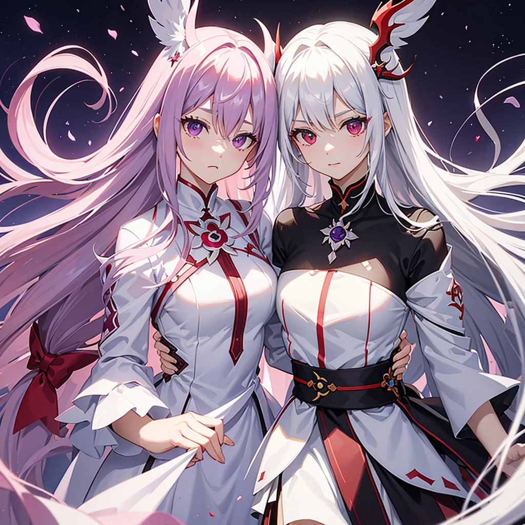 Woman with long pink hair, black eyes with red pupils. Cute white adventurer outfit with purple details and red bow ((estilo genshi impact)) White bloomers. White horns with purple and red decoration.  Red spiny halo on head. Electro genshi impact vision on the waist. 