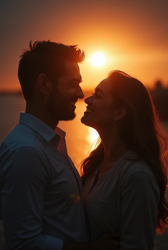a happy, sunlit man in front and a woman as sad as midnight rain