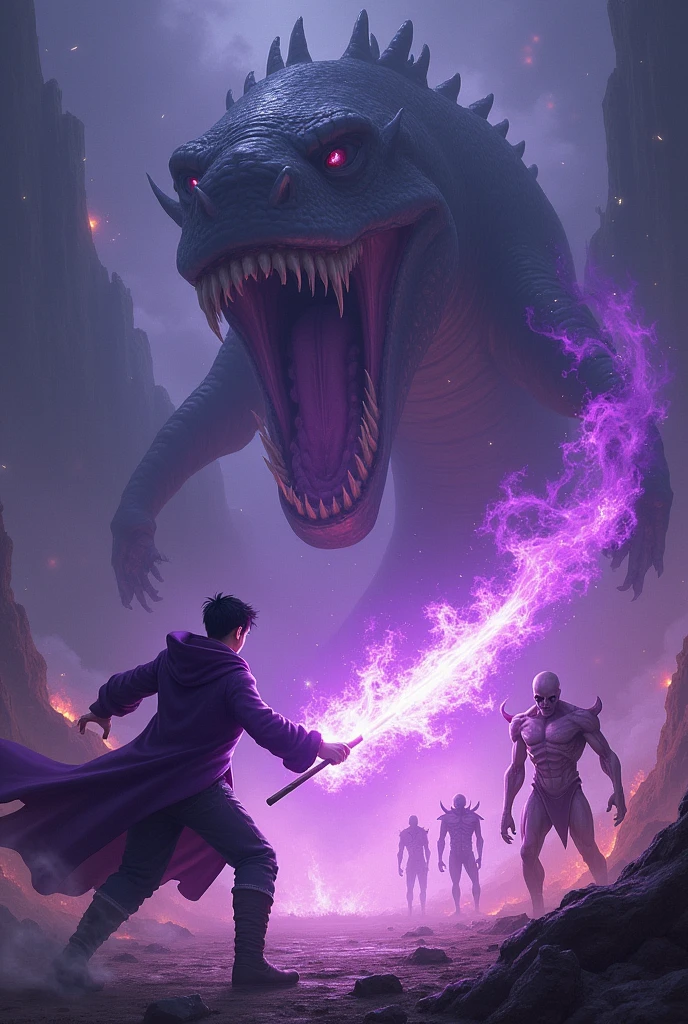 A young man with purple fire powers throwing fire spear at giant leviathan with a group of corpse and the leviathan are with wings and two heads