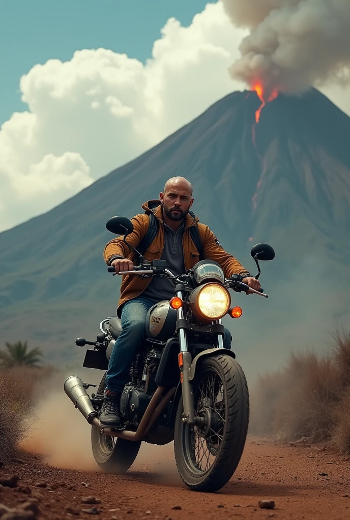 Bald man in his 30s on an adventure-type motorcycle with a volcano in the background and the Guatemalan flag as a drawing for a logo