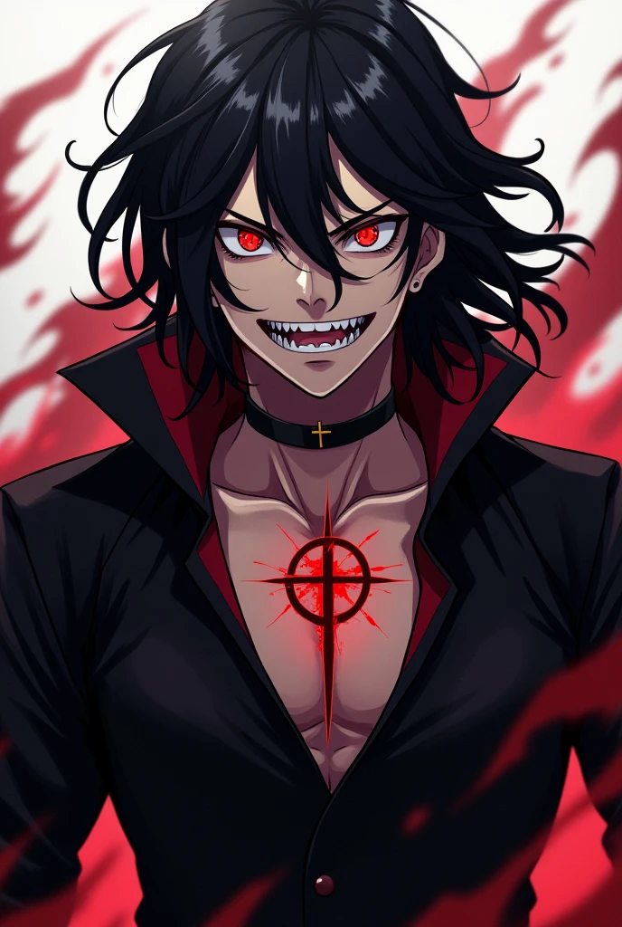 A male character smiling with a mean face,anime with a young appearance with long black hair with strong fiery eyes with black clothes and with a cross on the chest with a Y symbol in the eye and VERY STRONG