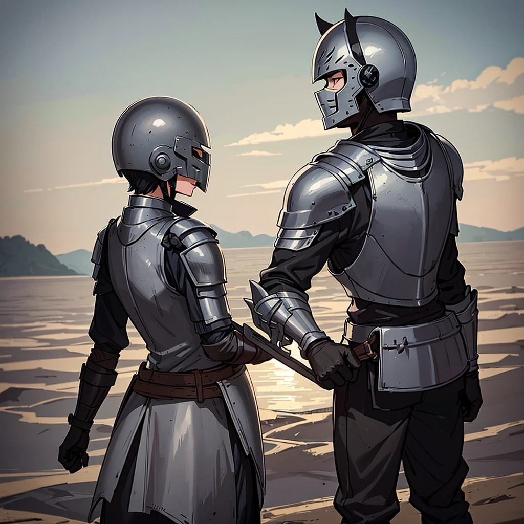 Best illustrations、Best Quality、(((Gray simple armor、Black trousers、Black gloves、Short Hair、Black Hair、20 year old man、Iron Helmet、Iron helmet)))、(((Fighting Pose)))、(Old ruins、desert。Grass)、(Masked Knight)、(Black, muddy swamp)、(Medieval Knight)、(Close your eyes、get annoyed、Open your mouth、Get angry、Sweat)、battlefield、(From the back、back view)、Sea of mud、Black Sea